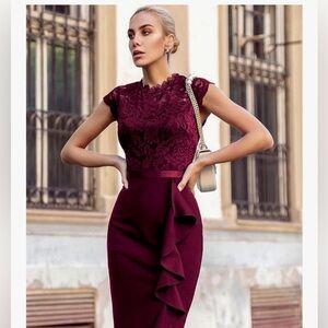 Miusol Burgundy Lace Sheath Midi Dress with lace and ruffle detail